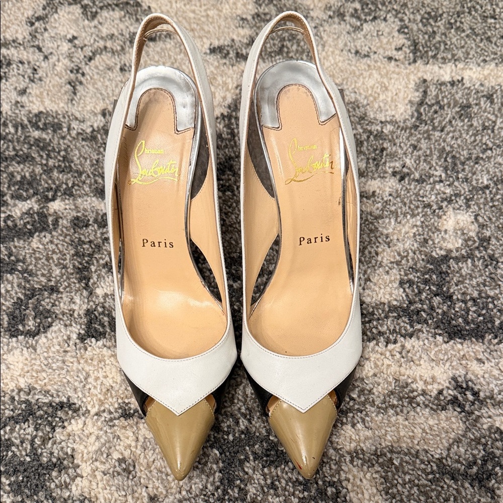 Christian Louboutin White and Tan Pointed Slingback Heels